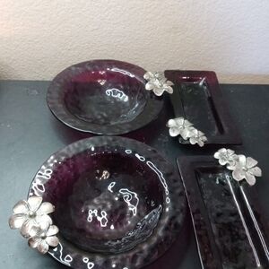 GORGEOUS 4 pc Amethyst Bubble Glass Bowls & Plates w/ Floral Accents